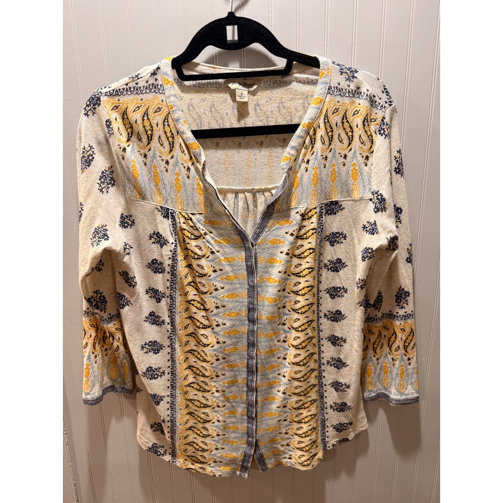 Lucky Brand Women Small Mixed Paisley Floral Boho Knit Top 3/4 Sleeve Ivory Blue